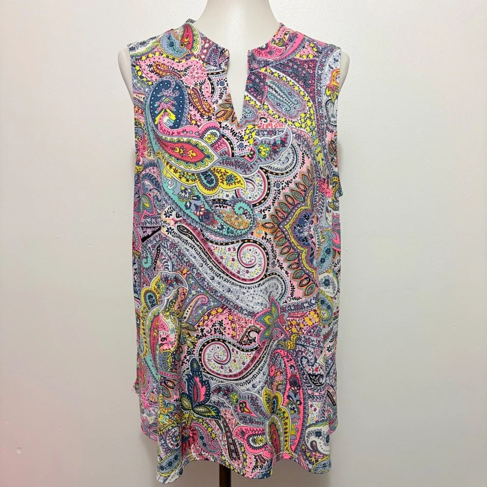 Dear Scarlett Sleeveless Blouse XL Multi Paisley Split Neck Relaxed Fit Top - Picture 2 of 7